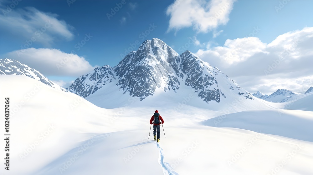 Snowy Mountain Peak with Trekker Hiking Through Deep Snow Scenic Landscape of Rugged Alpine Terrain Challenging Outdoor Adventure and Snowy Mountain Peak with Trekker Hiking Through Deep Snow Scenic Landscape of Rugged Alpine Terrain Challenging Outdoor Adventure and