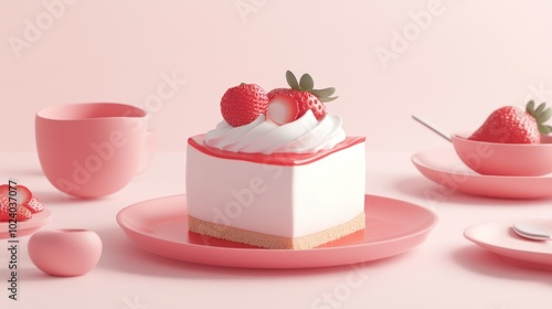 A pastel-themed dessert scene featuring a strawberry cake and matching tableware.