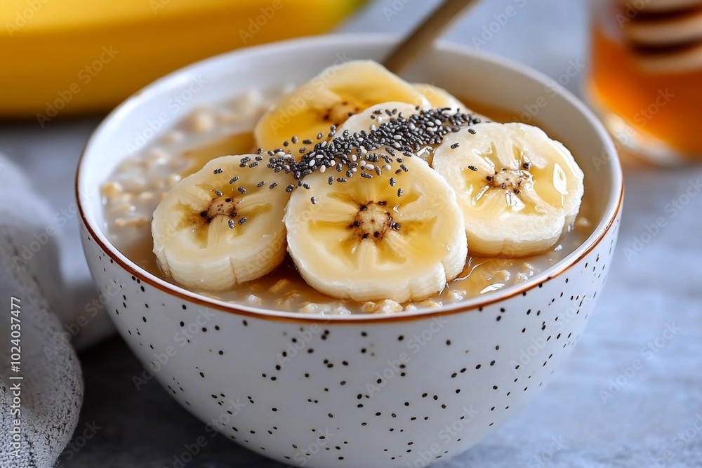 Oatmeal bowl topped with three ingredients: sliced banana, chia seeds, and a drizzle of honey, presented cleanly with no distractions Oatmeal bowl topped with three ingredients: sliced banana, chia seeds, and a drizzle of honey, presented cleanly with no distractions