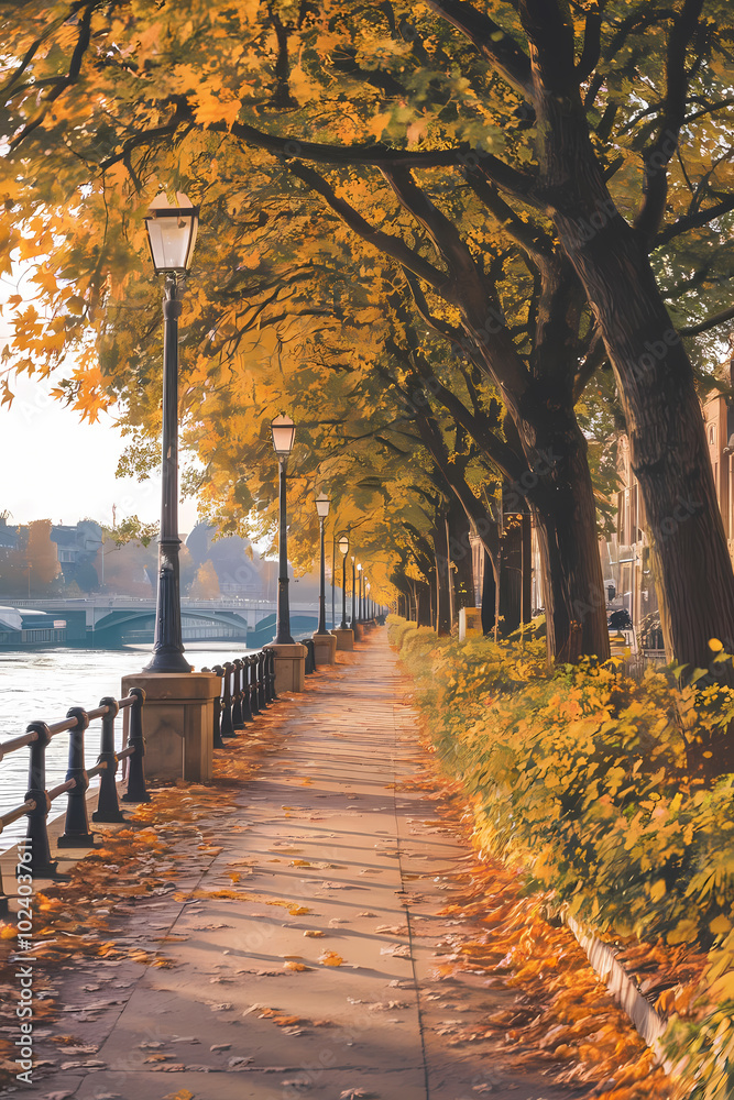 Naklejka premium Scenic autumn pathway lined with trees and lampposts, featuring vibrant yellow leaves along a tranquil riverbank.