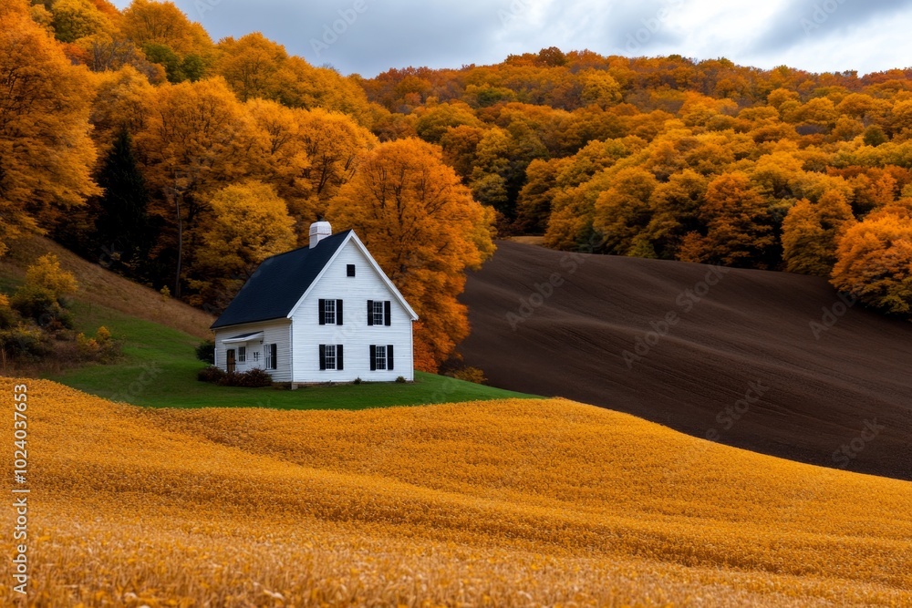 Old farmhouse surrounded by autumn fields, the landscape painted in shades of burnt yellow, dark brown, and soft orange