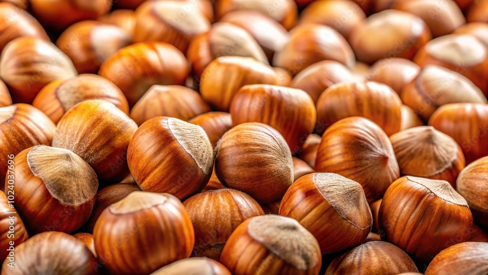 Horizontal background filled with hazelnuts in focus with forced perspective Horizontal background filled with hazelnuts in focus with forced perspective