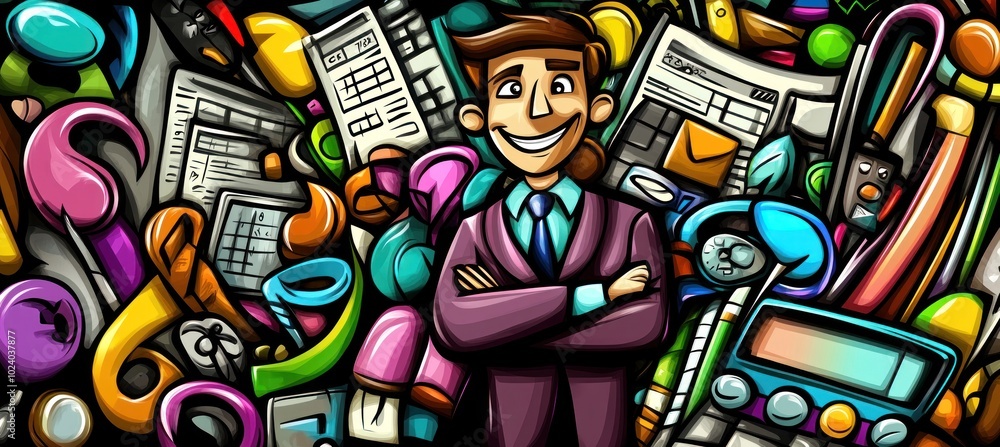 A cheerful businessman surrounded by various office supplies and documents. A cheerful businessman surrounded by various office supplies and documents.