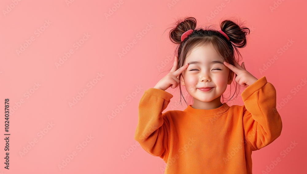 Happy Little Girl Posing with Fingers on Temples Pink Background Happy Little Girl Posing with Fingers on Temples Pink Background