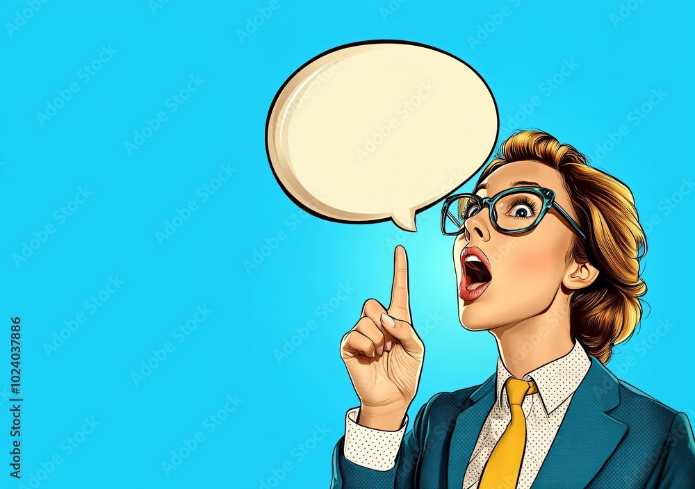 Woman with Speech Bubble Pointing Up Pop Art Style Illustration Woman with Speech Bubble Pointing Up Pop Art Style Illustration