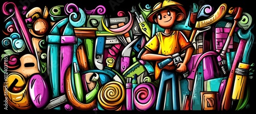 A colorful illustration of a cheerful character surrounded by various tools and vibrant designs.