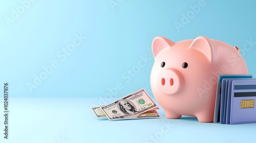 Cybernetic piggy bank with a car credit cards and money symbolizing auto financing and savings crafted for market appeal  Side view showcases a practical organized look photo