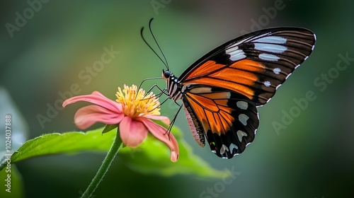 Close up of a beautiful butterfly resting gently on a colorful flower petal bathed in the soft warm glow of natural sunlight A serene and delicate natural moment captured in stunning detail