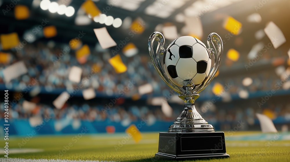 Fototapeta premium A soccer trophy on a field with confetti, symbolizing victory in sports.