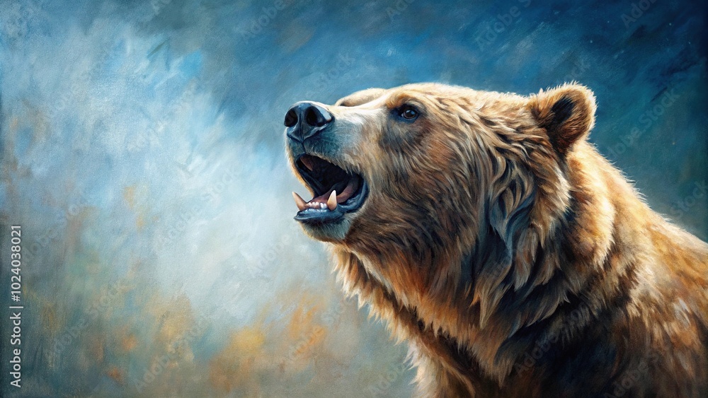 Fototapeta premium Horizontal oil painting of a roaring Bear in a minimalist style