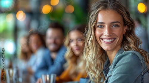 Joyful Woman Smiling at a Gathering with Friends