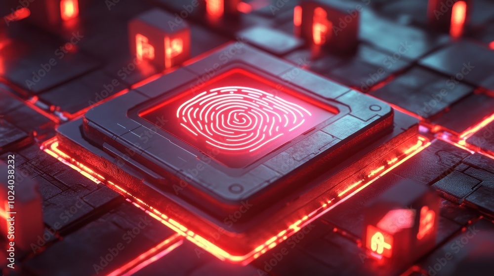 Obraz premium A futuristic fingerprint scanner on a glowing circuit board.