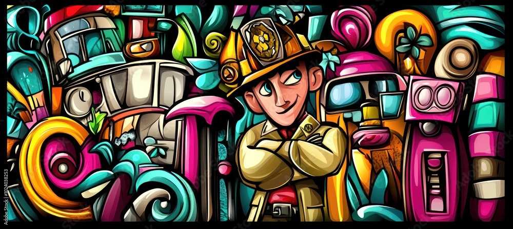 A colorful illustration featuring a confident firefighter surrounded by whimsical elements. A colorful illustration featuring a confident firefighter surrounded by whimsical elements.