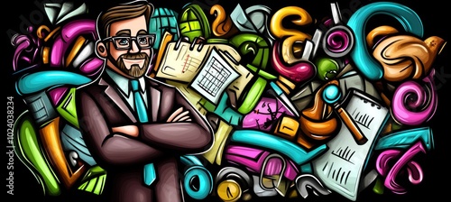 A professional man stands confidently amidst colorful office supplies and creative elements.