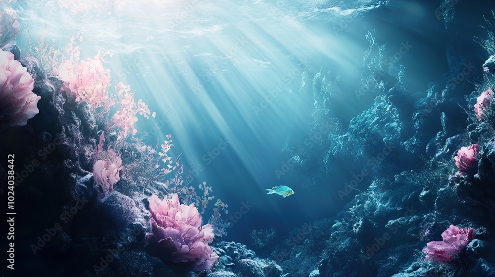 Fototapeta premium Sunbeams Illuminate Underwater Coral Reef