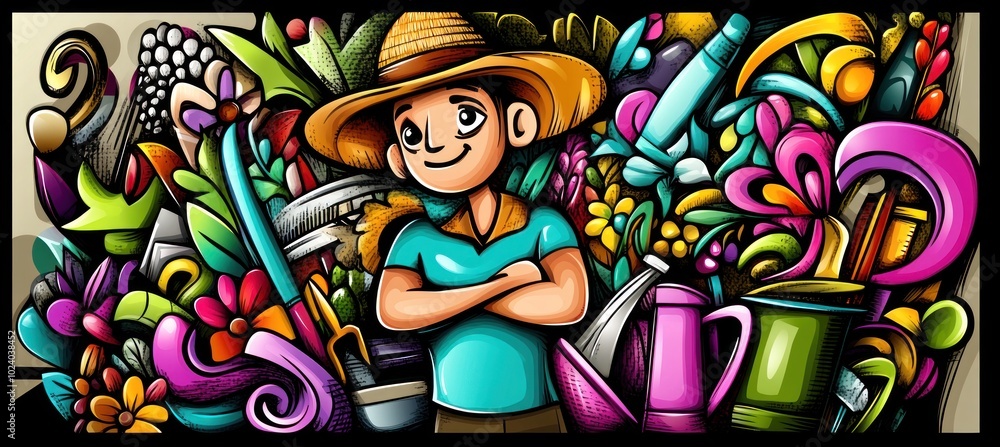 A cheerful gardener stands amidst vibrant plants and gardening tools, symbolizing nature and care. A cheerful gardener stands amidst vibrant plants and gardening tools, symbolizing nature and care.
