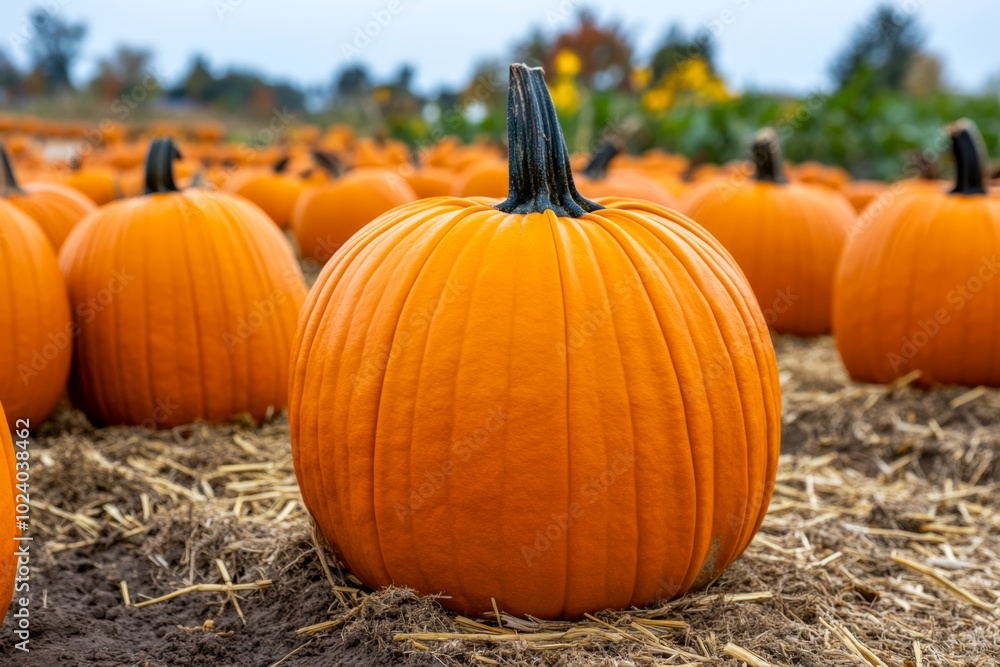 Pumpkin patch in autumn, with rows of pumpkins in bright orange, scattered hay in muted gold, and the earth beneath in dark brown Pumpkin patch in autumn, with rows of pumpkins in bright orange, scattered hay in muted gold, and the earth beneath in dark brown