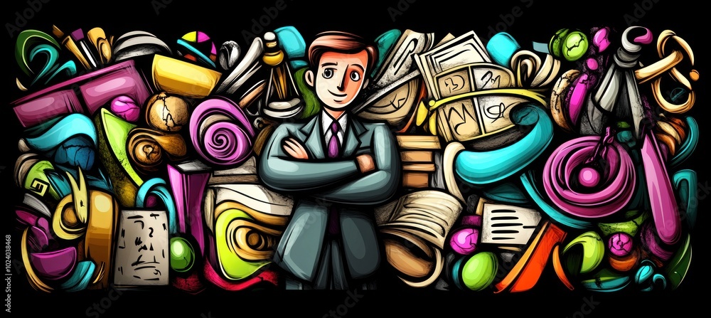 Fototapeta premium A businessman stands confidently amidst a colorful array of various objects and materials.