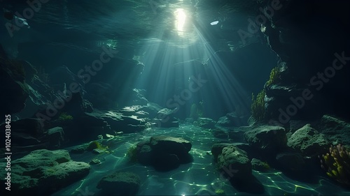 Underwater view of the underwater cave with sunlight shining through the water