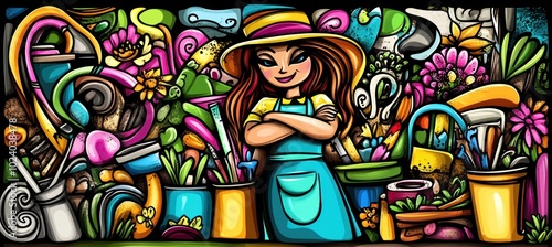 A cheerful gardener stands amidst colorful gardening tools and vibrant flowers.