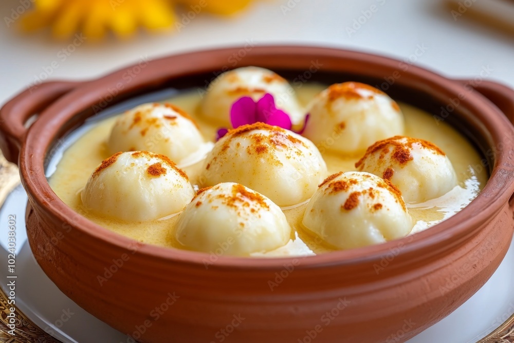 Rasgullas served in a clay pot, floating in their syrup, the white, soft balls ready to be enjoyed in a traditional setting Rasgullas served in a clay pot, floating in their syrup, the white, soft balls ready to be enjoyed in a traditional setting