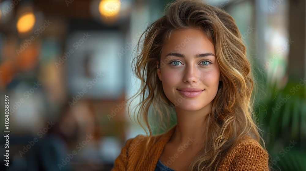 Smiling Woman in Cozy Coffee Shop Setting Smiling Woman in Cozy Coffee Shop Setting