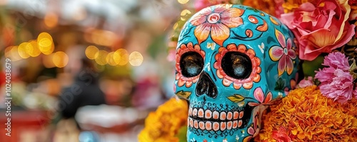 Colorful sugar skull decorated with flowers, symbolizing the Day of the Dead celebration, vibrant and joyful cultural tribute.