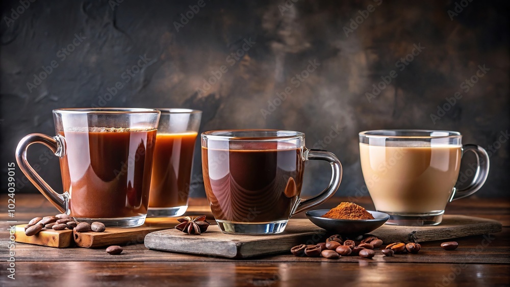 Hot beverages of chocolate tea and black coffee Hot beverages of chocolate tea and black coffee