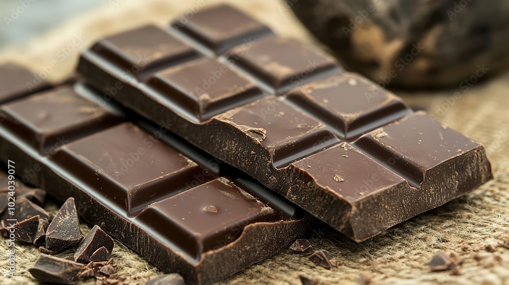 A close-up of a rich and creamy chocolate bar, showcasing its smooth texture and intricate details of the segmented squares. The luxurious chocolate shines under soft lighting, A close-up of a rich and creamy chocolate bar, showcasing its smooth texture and intricate details of the segmented squares. The luxurious chocolate shines under soft lighting,