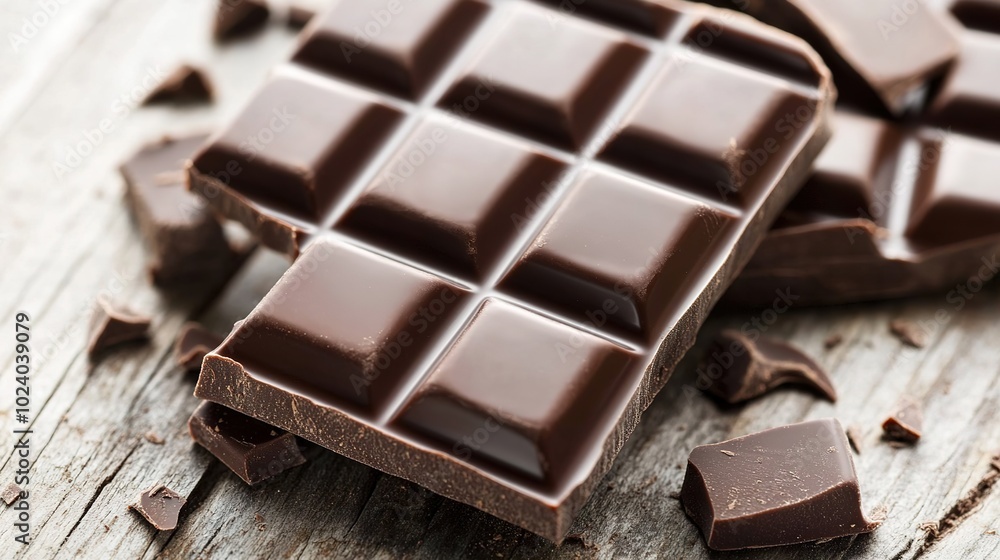 A close-up of a rich and creamy chocolate bar, showcasing its smooth texture and intricate details of the segmented squares. The luxurious chocolate shines under soft lighting, 