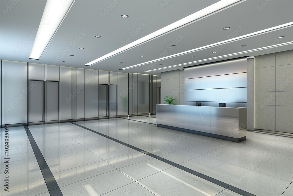 Spacious Corporate Lobby with a Large Reception Desk and an Elegant Waiting Area Spacious Corporate Lobby with a Large Reception Desk and an Elegant Waiting Area