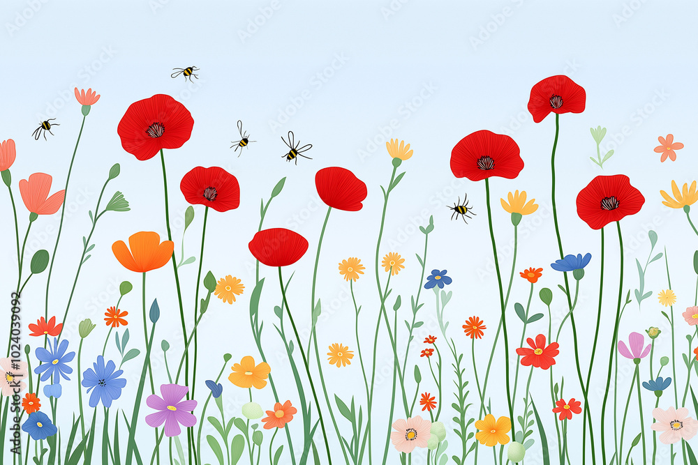A Vibrant Garden with Bright Red Poppies Swaying in the Breeze for a Cheerful Scene A Vibrant Garden with Bright Red Poppies Swaying in the Breeze for a Cheerful Scene