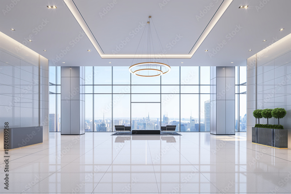 Modern Office Lobby with a Large Chandelier and Minimalist Furniture Accents Modern Office Lobby with a Large Chandelier and Minimalist Furniture Accents