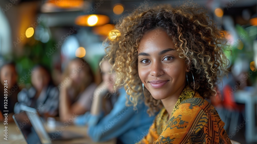 Joyful Woman Smiling in a Vibrant Cafe Setting Joyful Woman Smiling in a Vibrant Cafe Setting