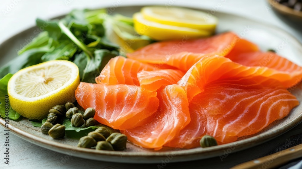 A plate featuring fresh salmon, lemon slices, capers, and greens, emphasizing a healthy meal. A plate featuring fresh salmon, lemon slices, capers, and greens, emphasizing a healthy meal.