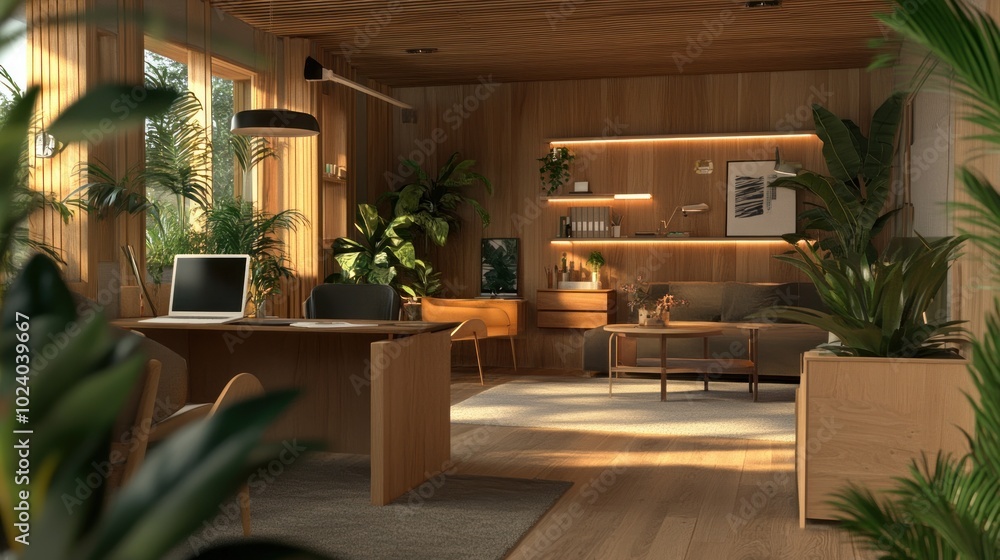Modern Minimalist Office with Wooden Walls and Tropical Plants Modern Minimalist Office with Wooden Walls and Tropical Plants
