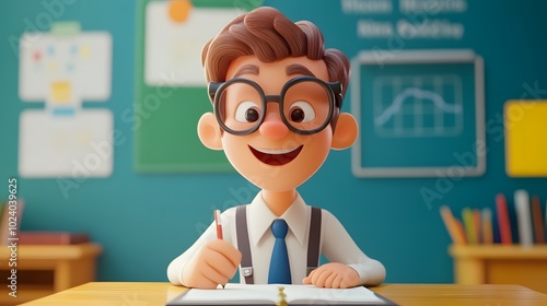 Happy cartoon student sitting at a desk in a classroom, smiling and writing in a notebook.