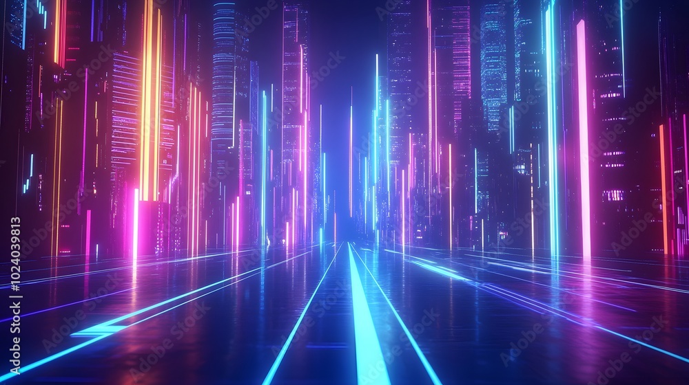 Background of empty show scene. Empty dark modern abstract neon background. Glow of neon lights on an empty stage, diodes, rays and lines. Lights of the night city. Background of empty show scene. Empty dark modern abstract neon background. Glow of neon lights on an empty stage, diodes, rays and lines. Lights of the night city.
