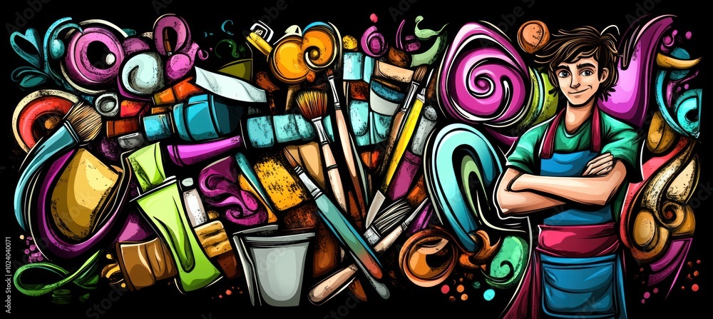 A colorful illustration of an artist surrounded by art supplies and creative elements. A colorful illustration of an artist surrounded by art supplies and creative elements.