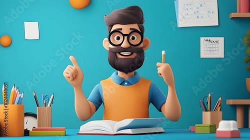 Smiling cartoon man sitting at a desk, pointing with his finger, holding a pencil and looking at the camera with an open book in front of him.
