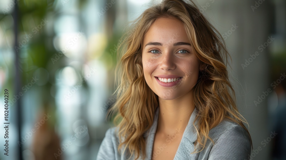 Bright Smiling Woman in Modern Office Environment Bright Smiling Woman in Modern Office Environment
