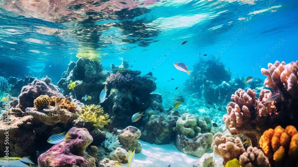 Naklejka premium トロピカルな海、魚とサンゴ礁の浅瀬、熱帯の海中風景