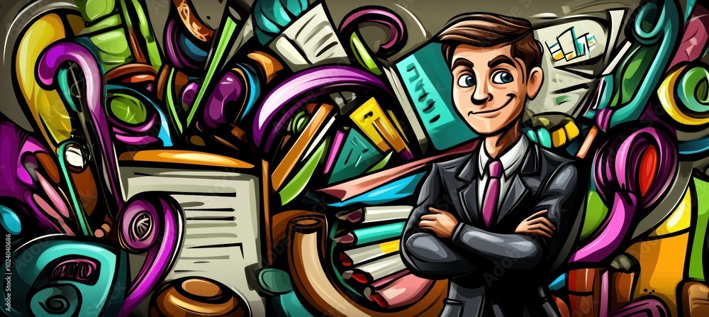 Obraz premium A confident businessman stands amidst vibrant, abstract office supplies and documents.