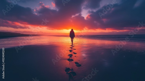 A solitary figure walks along a beach at sunset, leaving footprints in the wet sand.