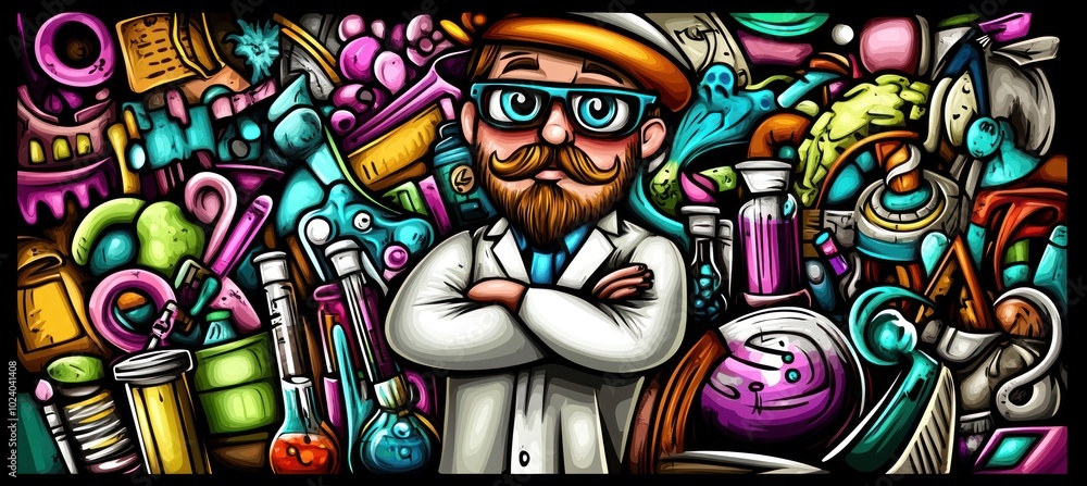 Fototapeta premium A colorful scientist surrounded by various laboratory equipment and chemical substances.