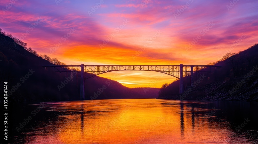 Fototapeta premium A vibrant sunset over a bridge reflecting on a river, showcasing natural beauty and tranquility.