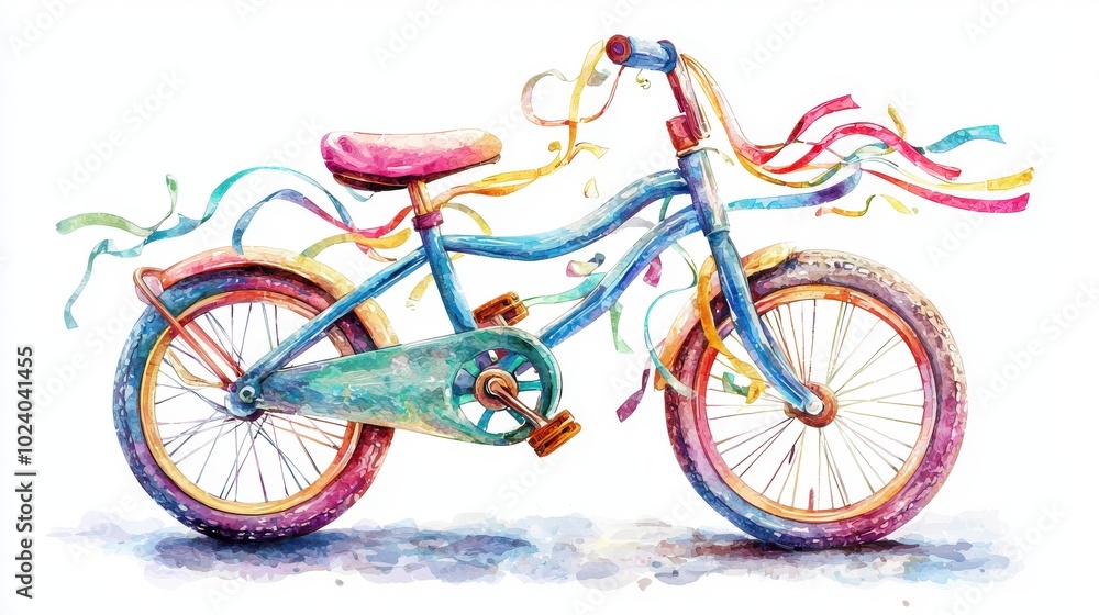Fototapeta premium A vibrant watercolor illustration of a playful bicycle adorned with colorful ribbons and playful details, perfect for children's themes.