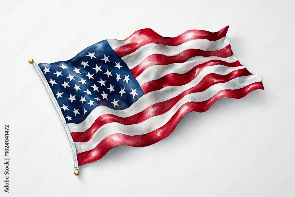 Fototapeta premium Watercolor painting of a flag waving in the wind, with soft, blended colors representing the flow and movement of national pride