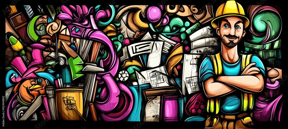 Obraz premium A colorful illustration of a smiling worker amidst various tools and creative elements.