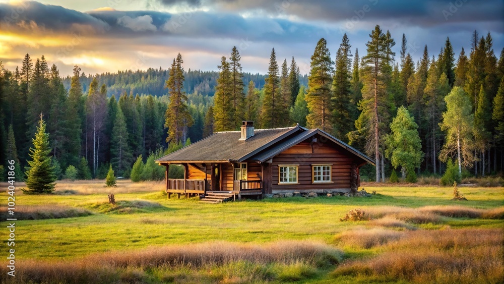 Hunting lodge in Nordic landscape near forest and meadow Hunting lodge in Nordic landscape near forest and meadow